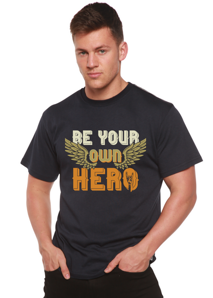 Be Your Own Hero graphic tee, black bamboo viscose/organic cotton by Spun Bamboo with beige wings and orange HERO on Tampa Home & Garden Store