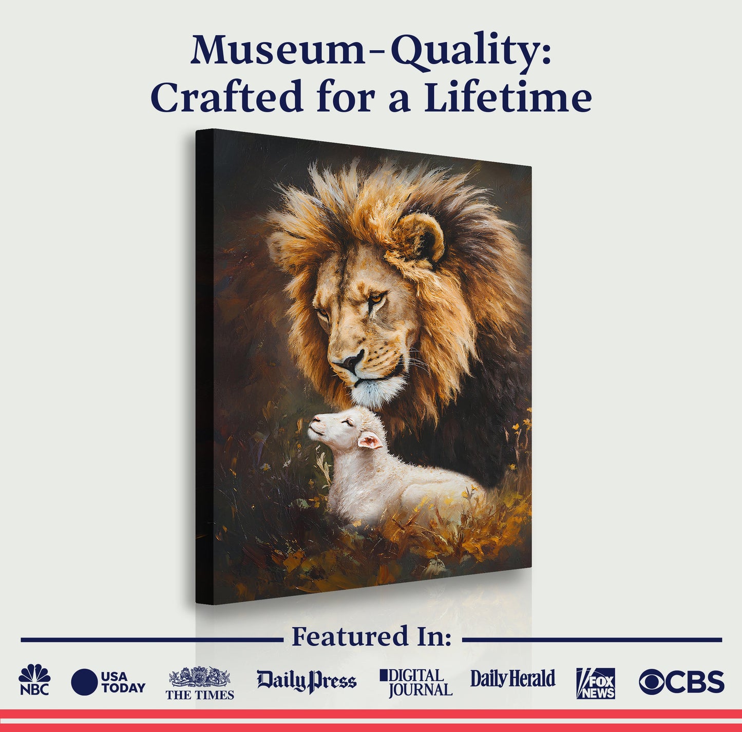 Lion And Sheep Faith Wall Art Canvas by Tailored Canvases; lion with white sheep foreground on Tampa Home & Garden Store