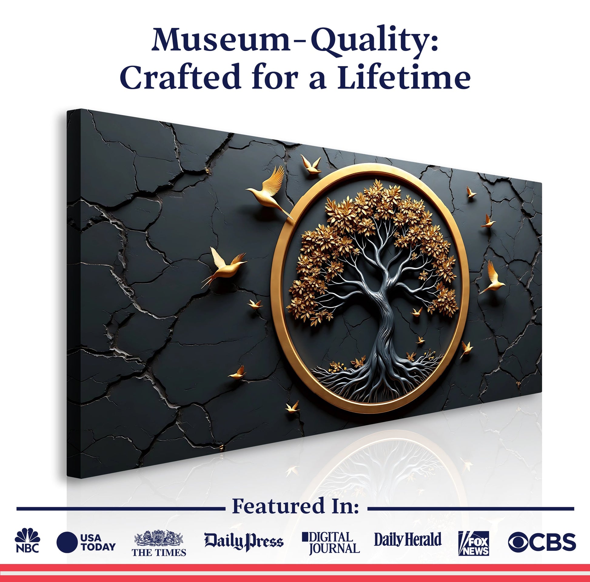3D Celtic Tree of Life canvas with gold circular frame and dark cracked background on Tampa Home & Garden Store