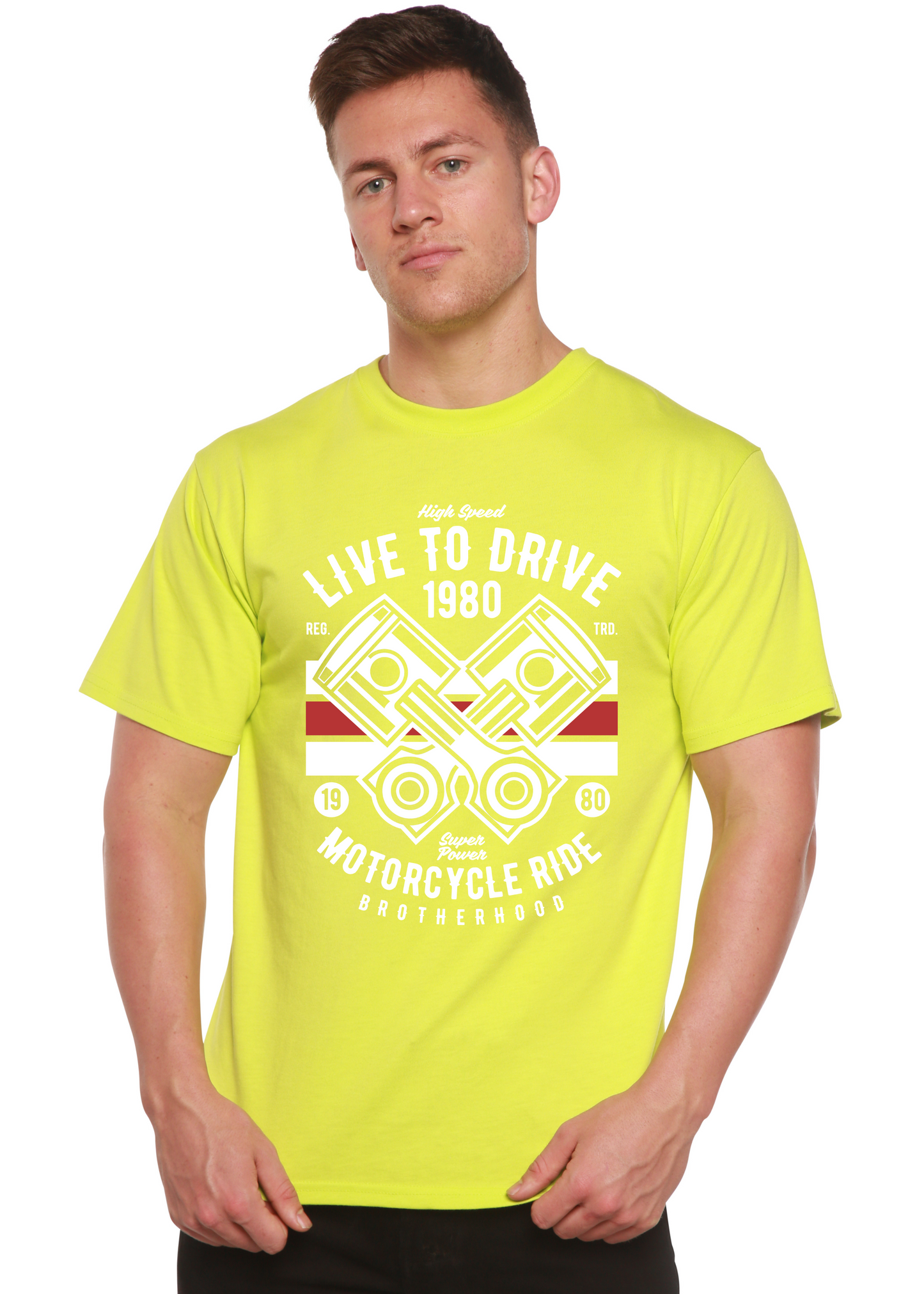 Live To Ride 1980 men's bamboo viscose/organic cotton graphic tee neon yellow white print on Tampa Home & Garden Store