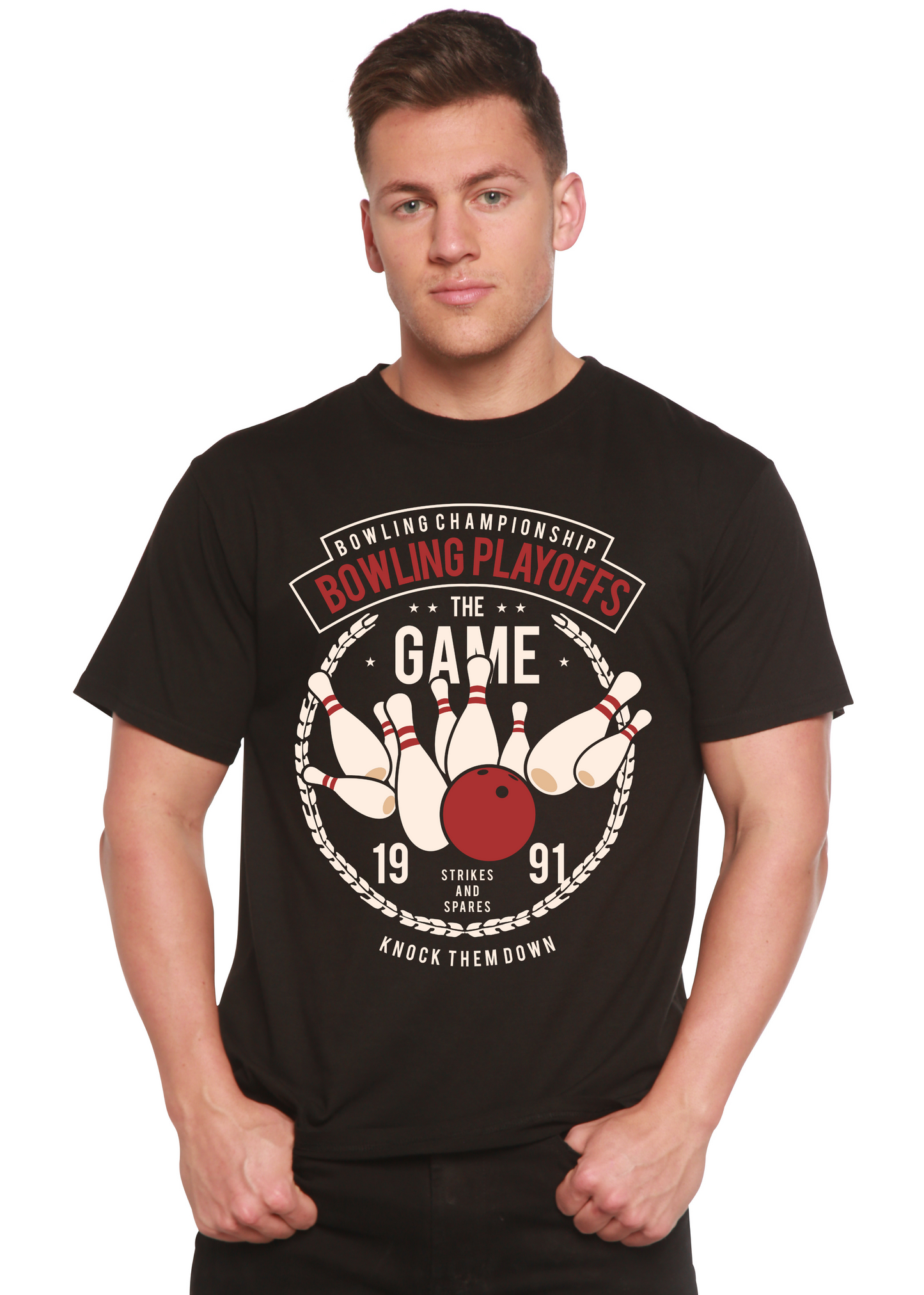 Mens black Spun Bamboo graphic tee Bowling Playoffs design with pins and red ball on Tampa Home & Garden Store