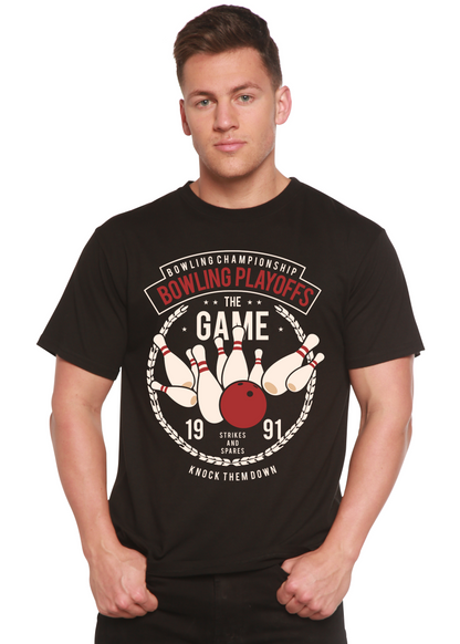 Mens black Spun Bamboo graphic tee Bowling Playoffs design with pins and red ball on Tampa Home & Garden Store