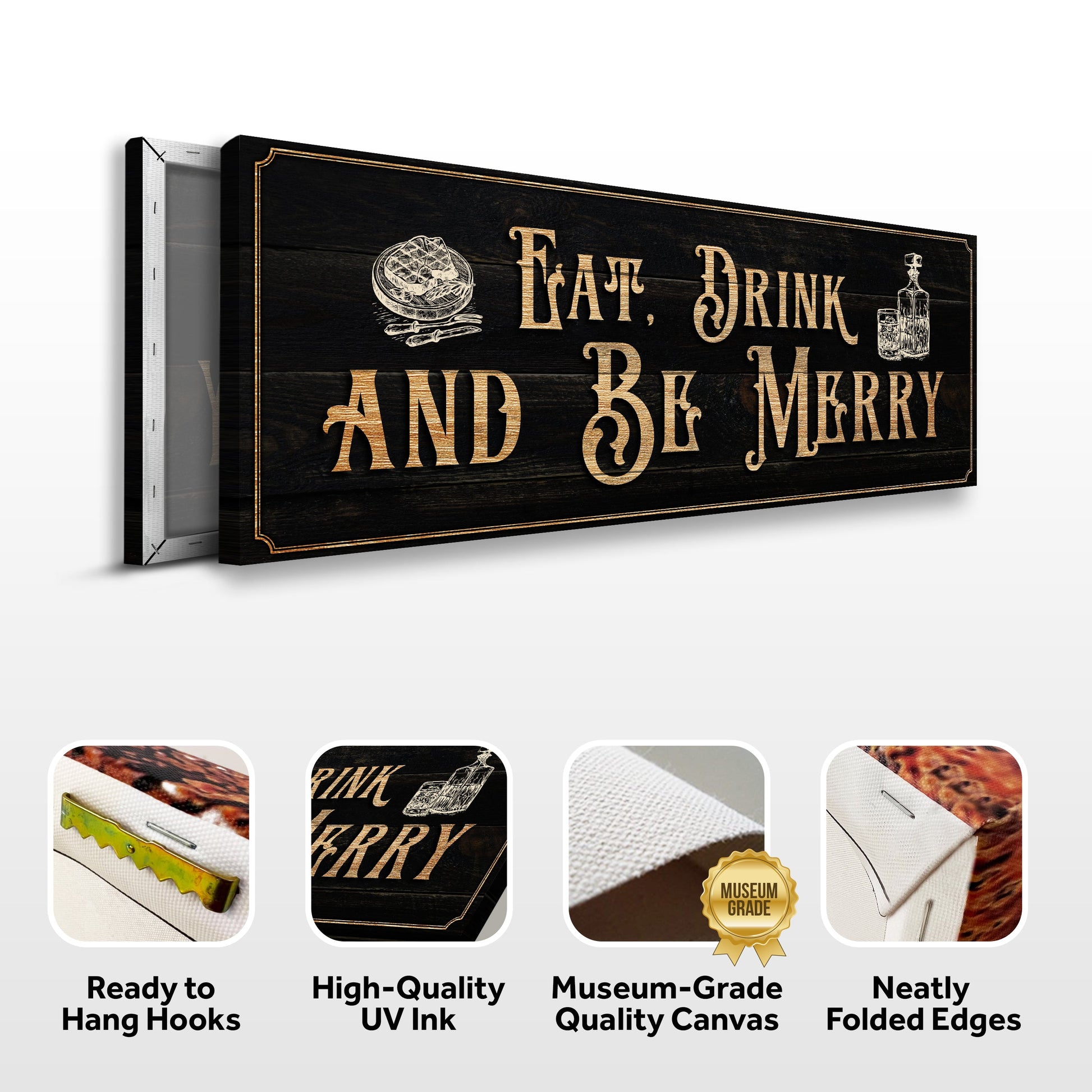 Eat Drink And Be Merry Family Sign canvas on dark wood with gold lettering TailoredCanvases on Tampa Home & Garden Store