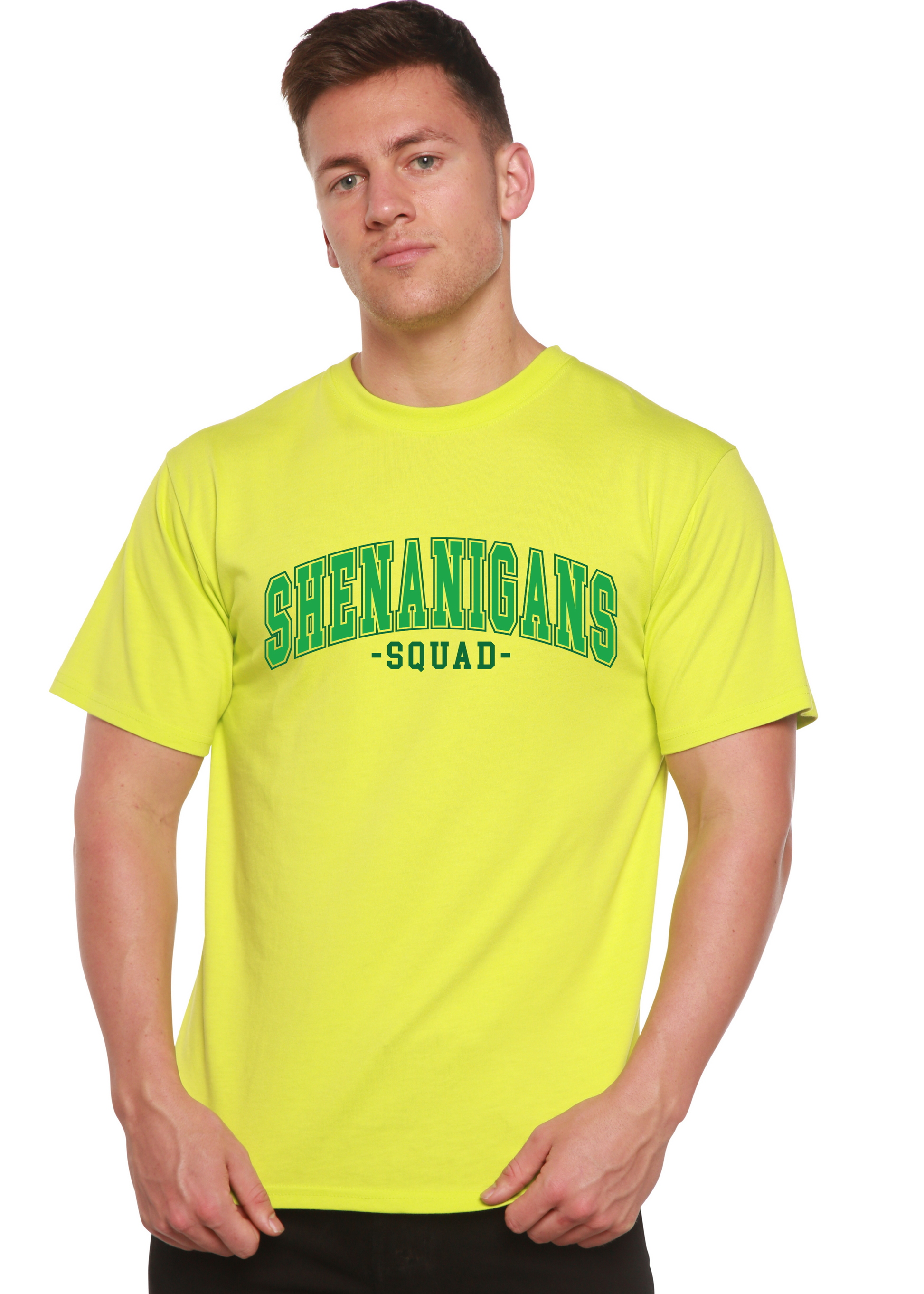 Shenanigans Squad unisex bamboo/cotton graphic tee neon yellow with print by Spun Bamboo on Tampa Home & Garden Store