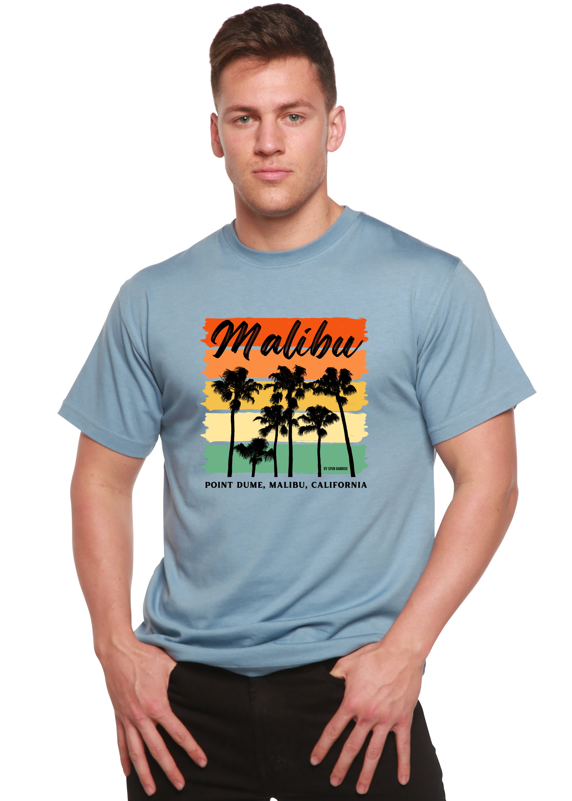 Malibu unisex bamboo short sleeve graphic tee in light blue with palm sunset by Spun Bamboo on Tampa Home & Garden Store