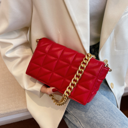 Stevvex red quilted shoulder bag with thick gold chain strap on Tampa Home & Garden Store