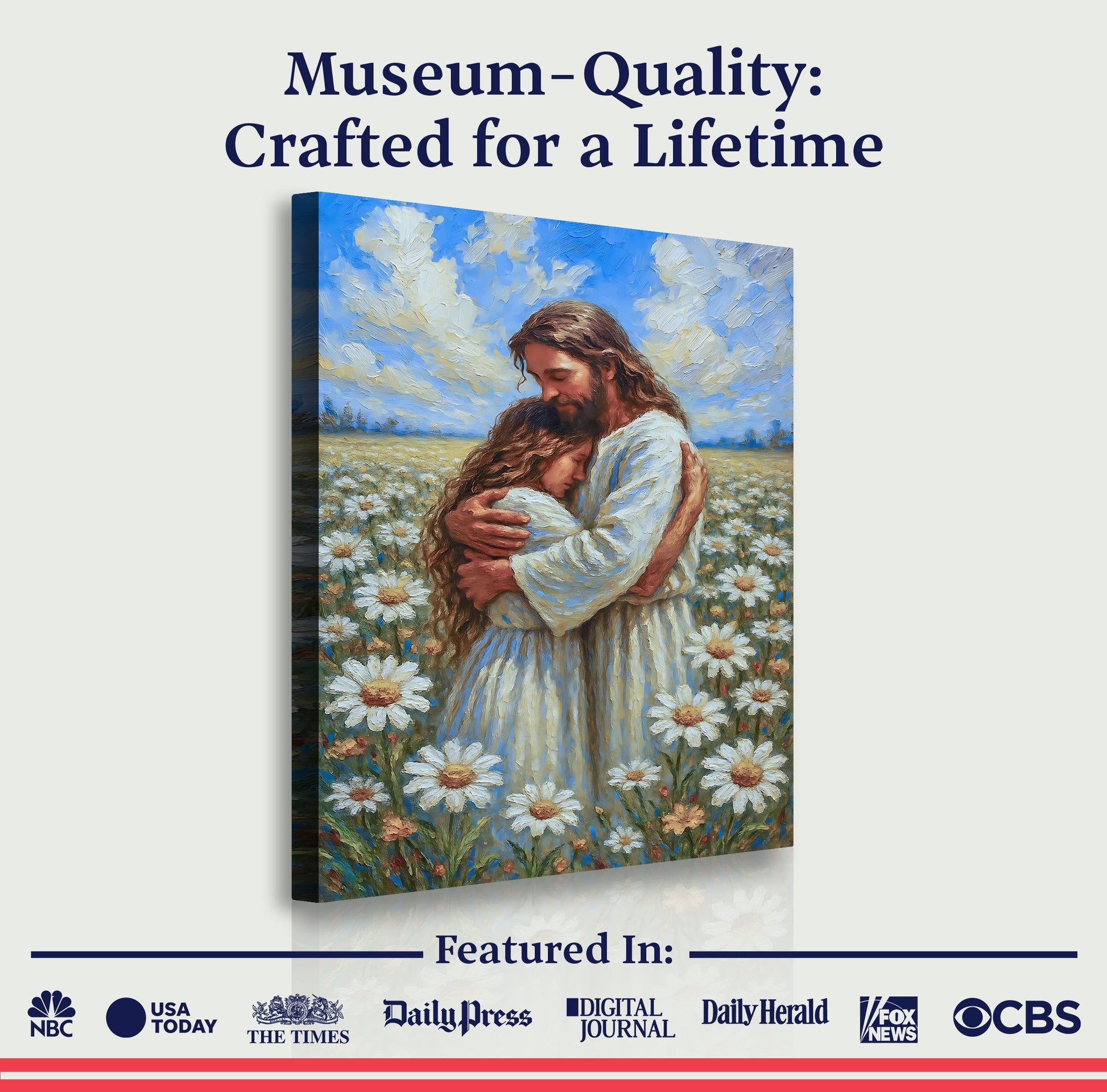 Jesus With Children Faith Wall Art canvas by Tailored Canvases, embracing children amid daisies on Tampa Home & Garden Store