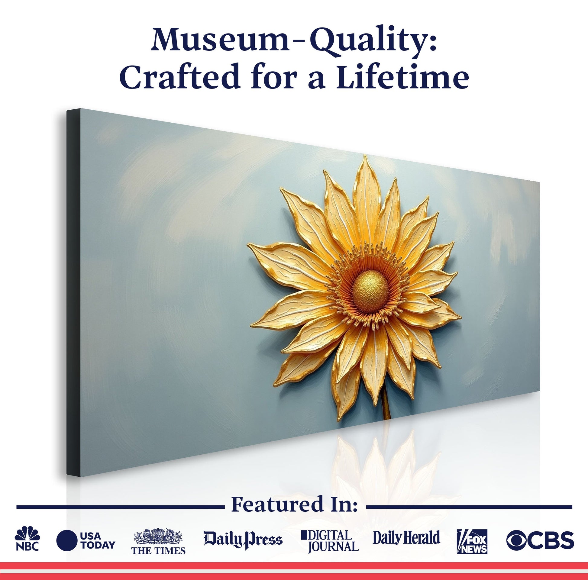 Golden Dandelion Minimalist Abstract Wall Art II canvas with a gold flower on blue background on Tampa Home & Garden Store