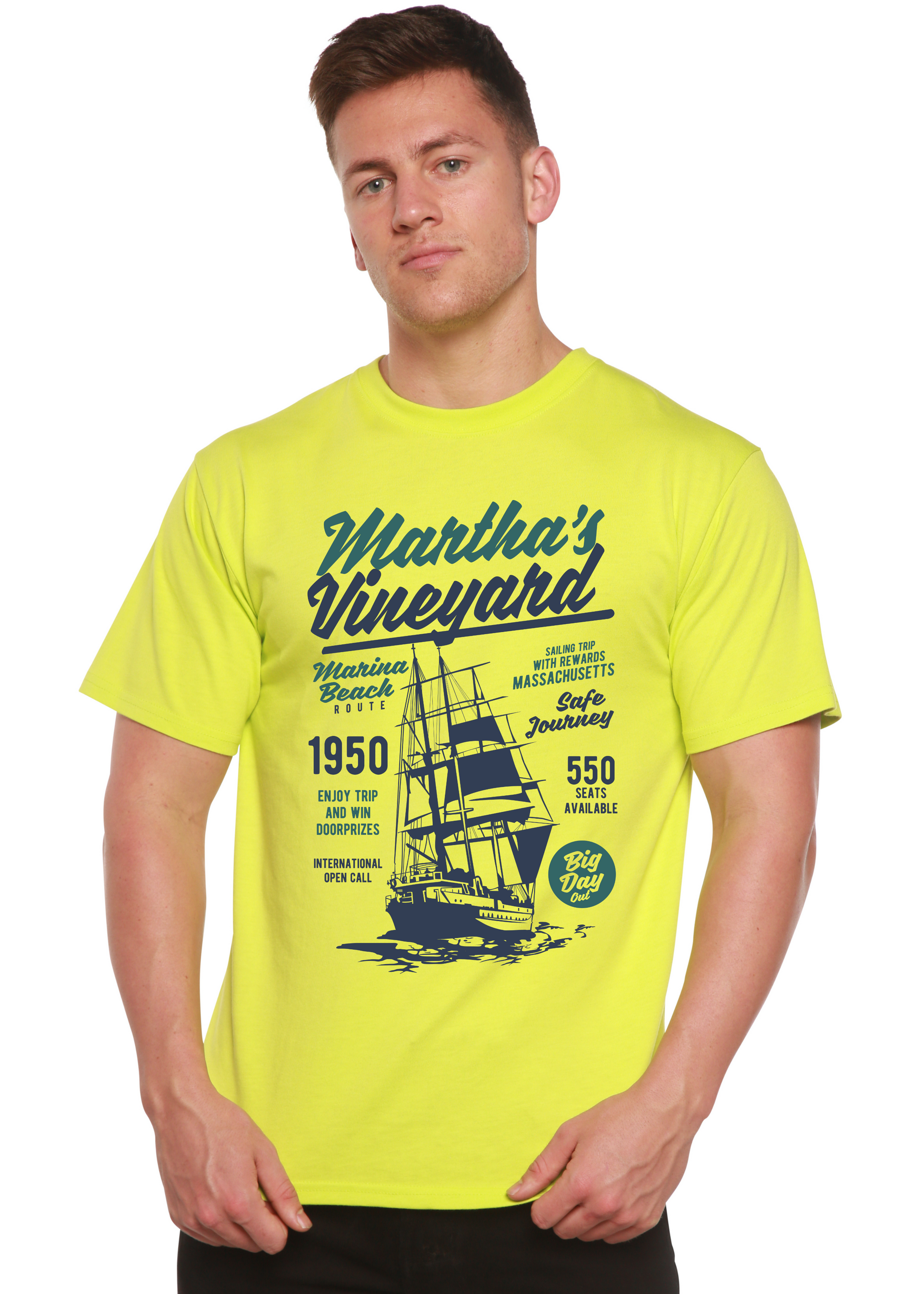 Men's Spun Bamboo viscose/organic cotton graphic T-shirt in neon yellow with sailboat print on Tampa Home & Garden Store