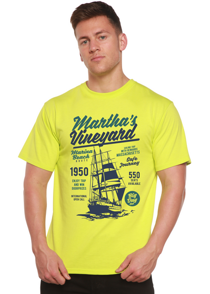 Men's Spun Bamboo viscose/organic cotton graphic T-shirt in neon yellow with sailboat print on Tampa Home & Garden Store