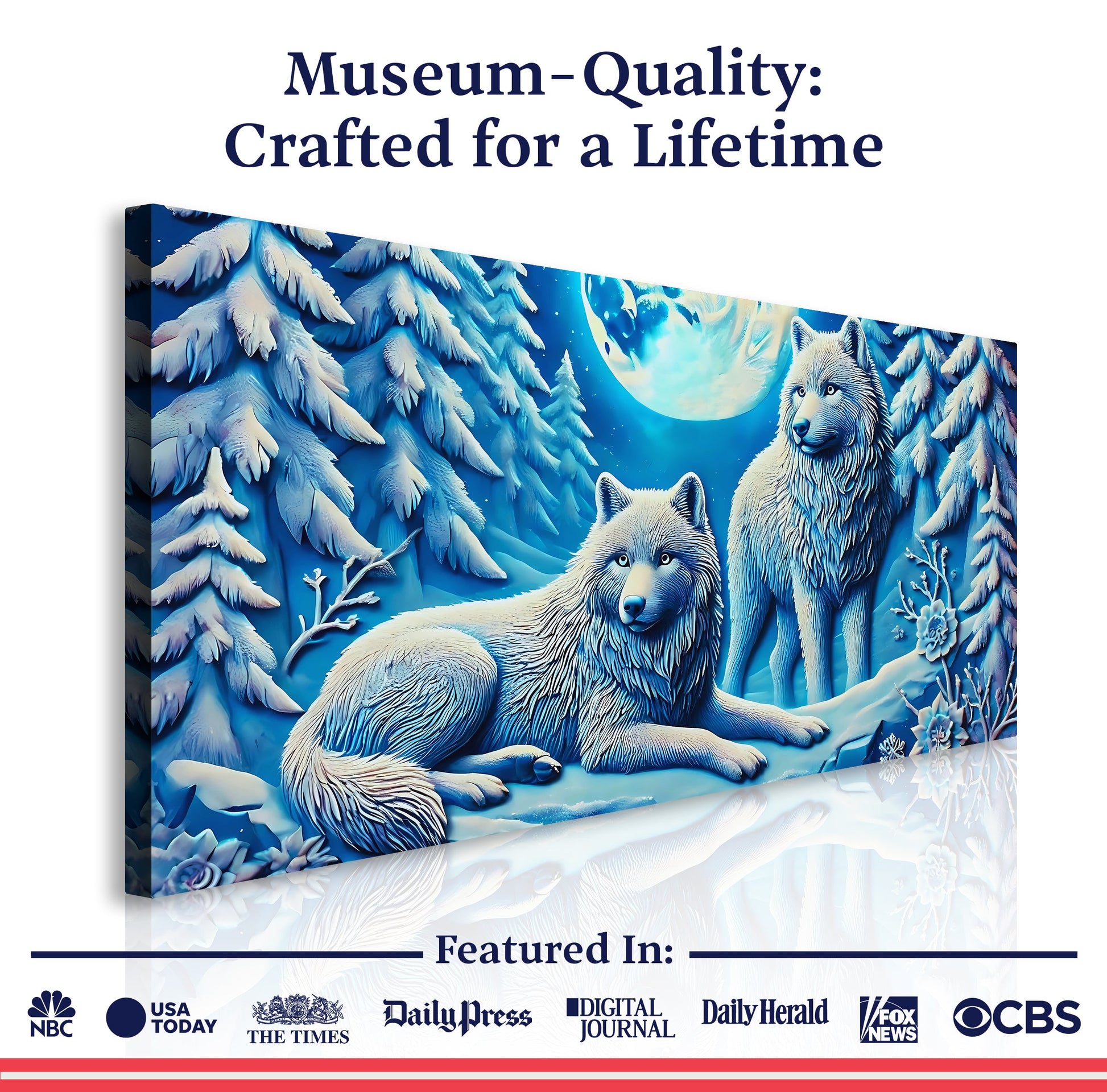 3D Wolves Wall Art V canvas by Tailored Canvases, icy blue winter wolves in a snowy forest on Tampa Home & Garden Store