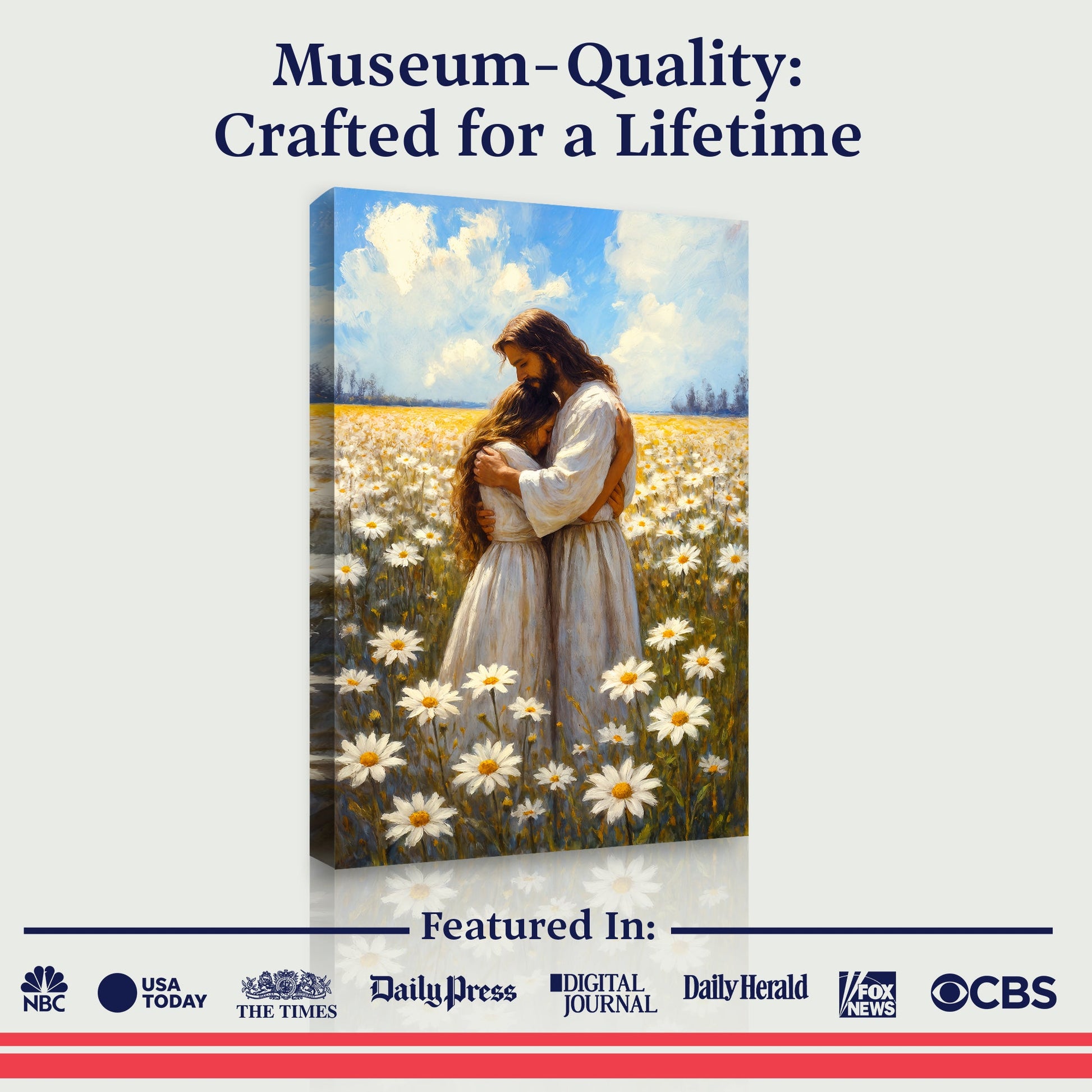Jesus Hugging Woman Faith Wall Art II canvas by Tailored Canvases, embrace in daisies under sky on Tampa Home & Garden Store