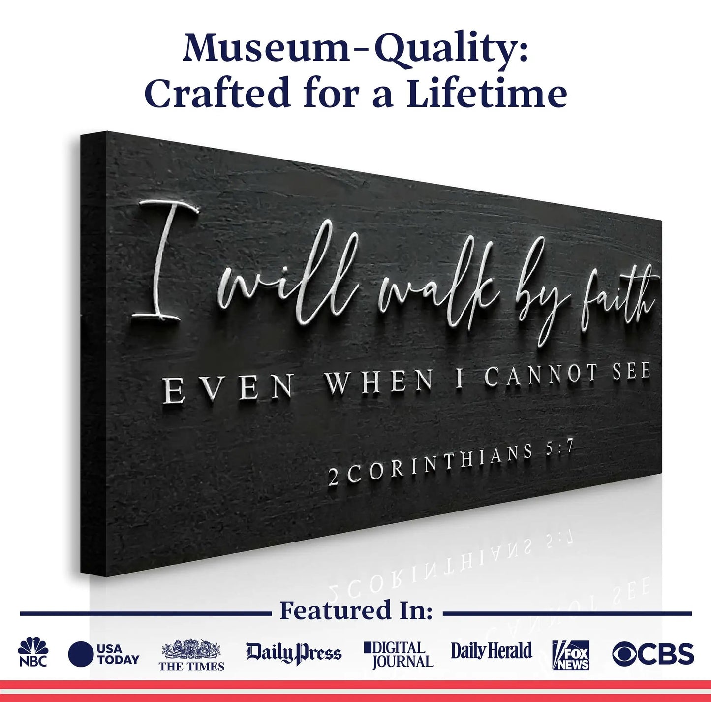 Canvas faith sign I Will Walk By Faith with 2 Corinthians 5:7 on a textured black surface on Tampa Home & Garden Store