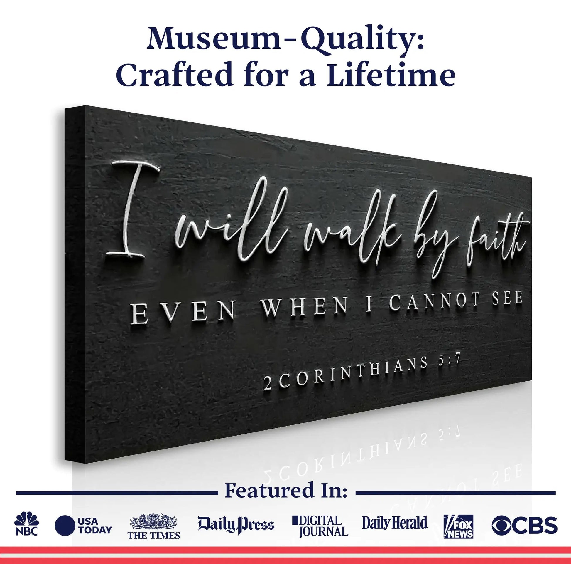 Canvas faith sign I Will Walk By Faith with 2 Corinthians 5:7 on a textured black surface on Tampa Home & Garden Store