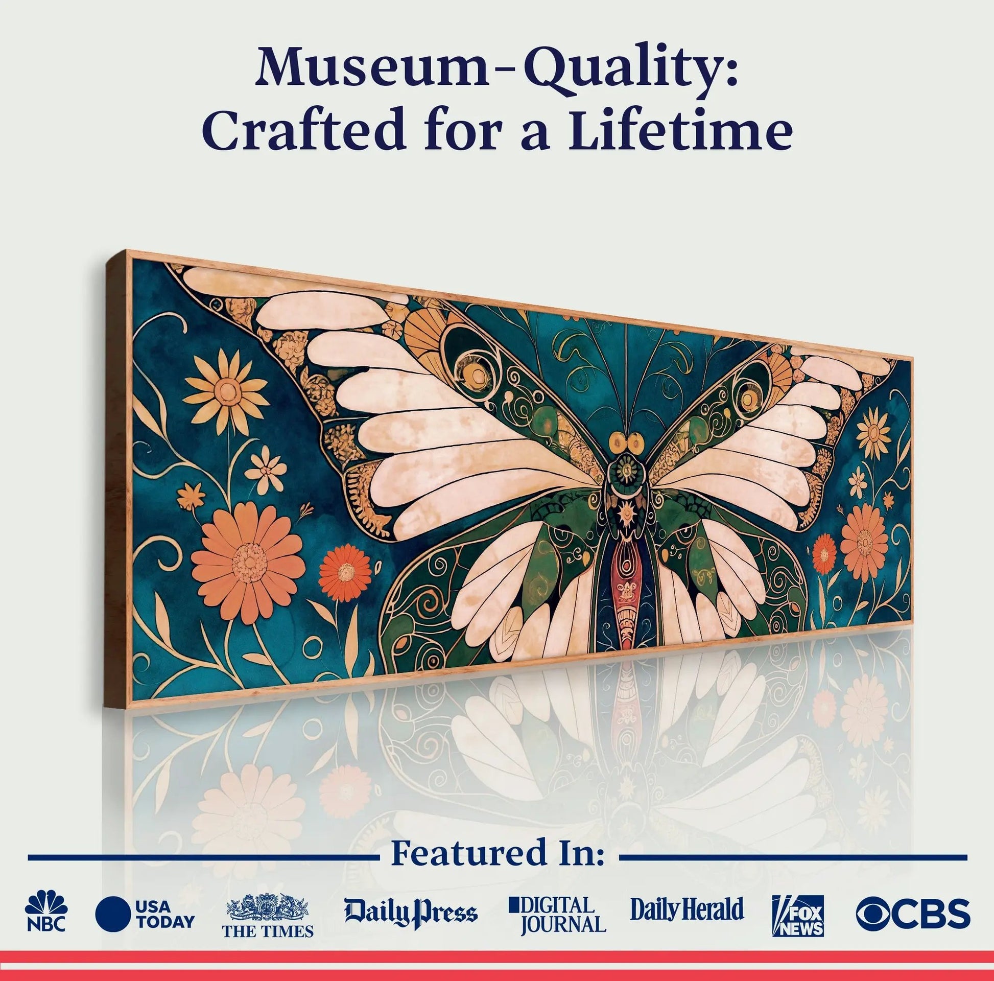 Abstract Vintage Butterfly Wall Art canvas by Tailored Canvases; wood-framed teal and gold butterfly design on crafting canvas on Tampa Home & Garden Store