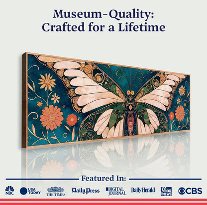 Abstract Vintage Butterfly Wall Art canvas by Tailored Canvases; wood-framed teal and gold butterfly design on crafting canvas on Tampa Home & Garden Store