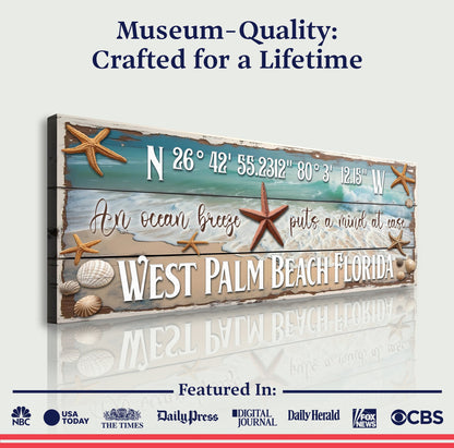 Personalized Beach House Coastal Sign canvas with weathered planks and starfish on Tampa Home & Garden Store