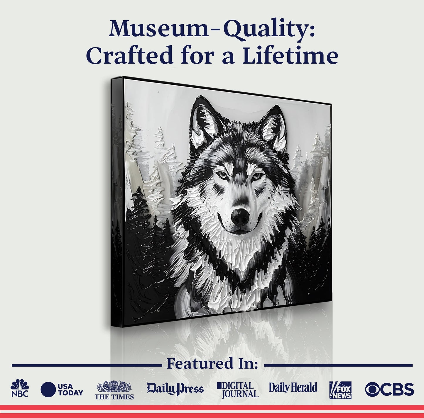 3D Wolf Wall Art IV canvas by Tailored Canvases grayscale wolf portrait in a black frame on Tampa Home & Garden Store