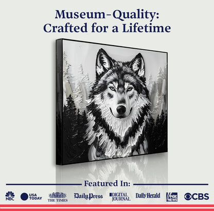 3D Wolf Wall Art IV canvas by Tailored Canvases grayscale wolf portrait in a black frame on Tampa Home & Garden Store