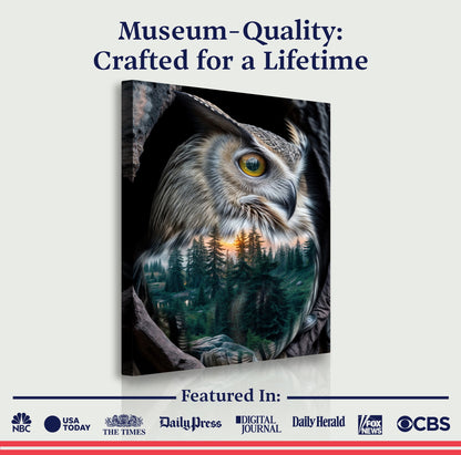 Owl Double Exposure Canvas Wall Art by Tailored Canvases featuring a forest sunset scene on canvas on Tampa Home & Garden Store