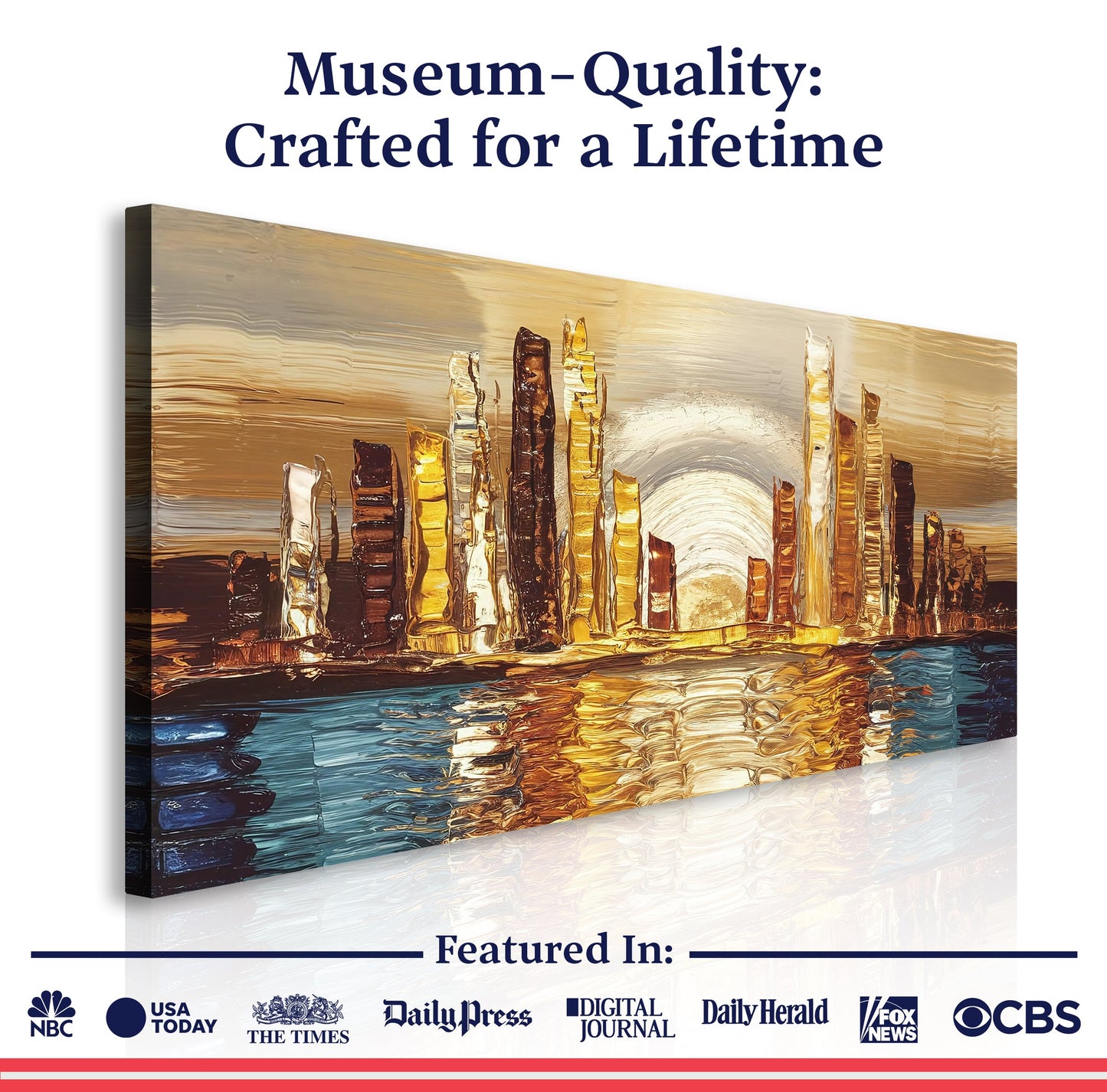 Golden Metropolis Abstract Impasto Wall Art canvas with metallic gold skyline and strokes on Tampa Home & Garden Store