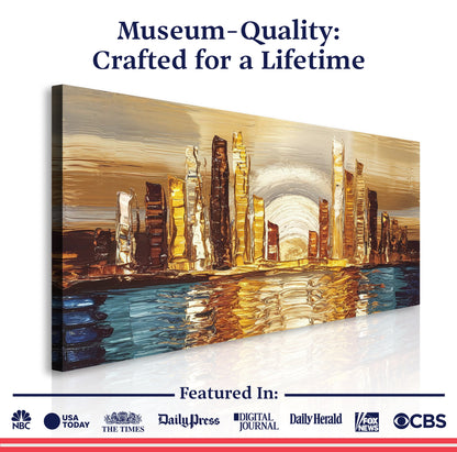 Golden Metropolis Abstract Impasto Wall Art canvas with metallic gold skyline and strokes on Tampa Home & Garden Store
