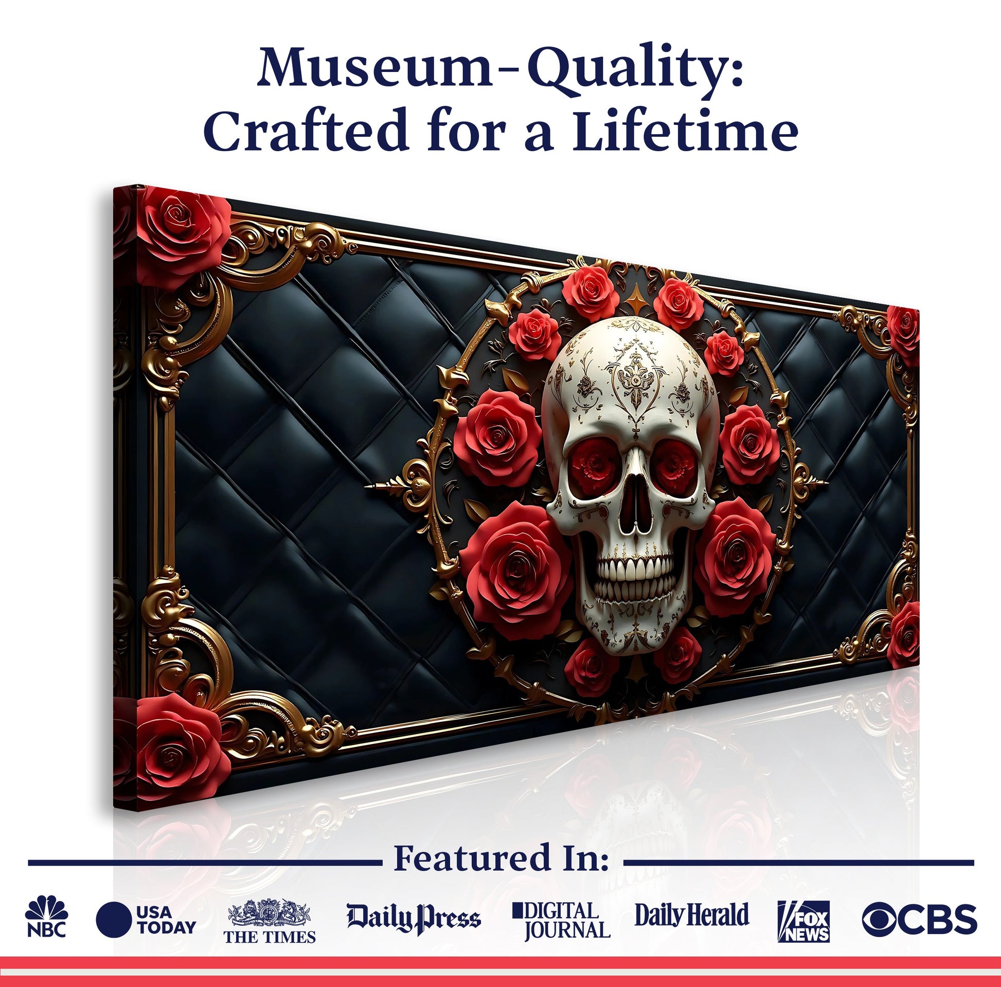 3D Rose and Skull Wall Art VII canvas by Tailored Canvases with ornate gold frame and red roses on Tampa Home & Garden Store