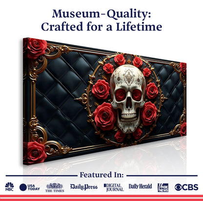 3D Rose and Skull Wall Art VII canvas by Tailored Canvases with ornate gold frame and red roses on Tampa Home & Garden Store