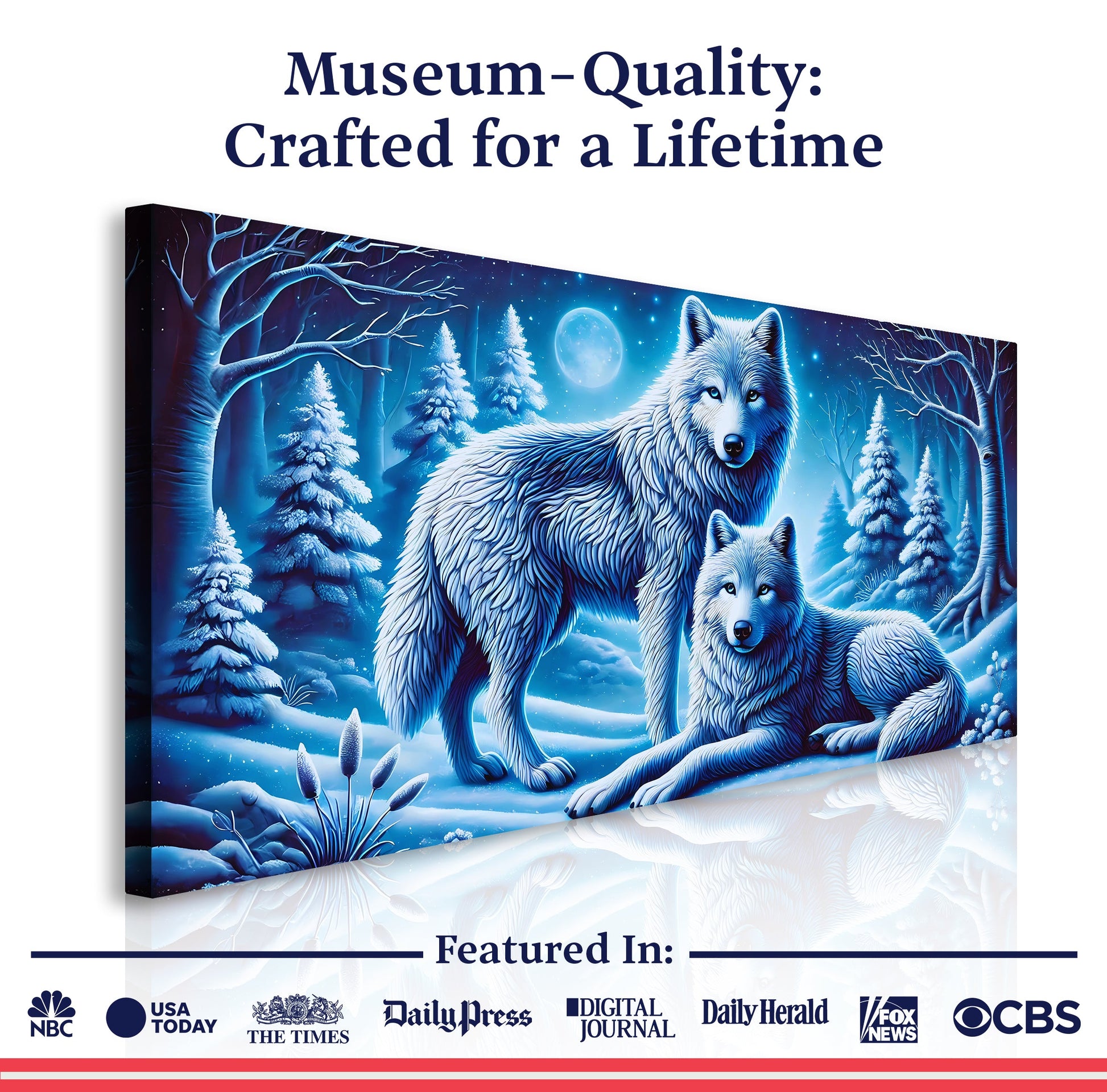 3D Wolves Wall Art II crafting canvas by Tailored Canvases in a blue winter forest with wolves on Tampa Home & Garden Store