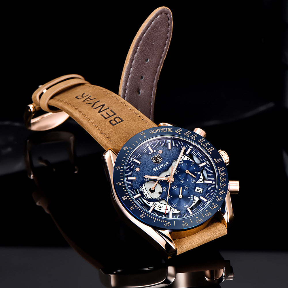 Stevvex ST12LUX35 men's luxury watch with blue chronograph dial and Benyar leather strap on Tampa Home & Garden Store