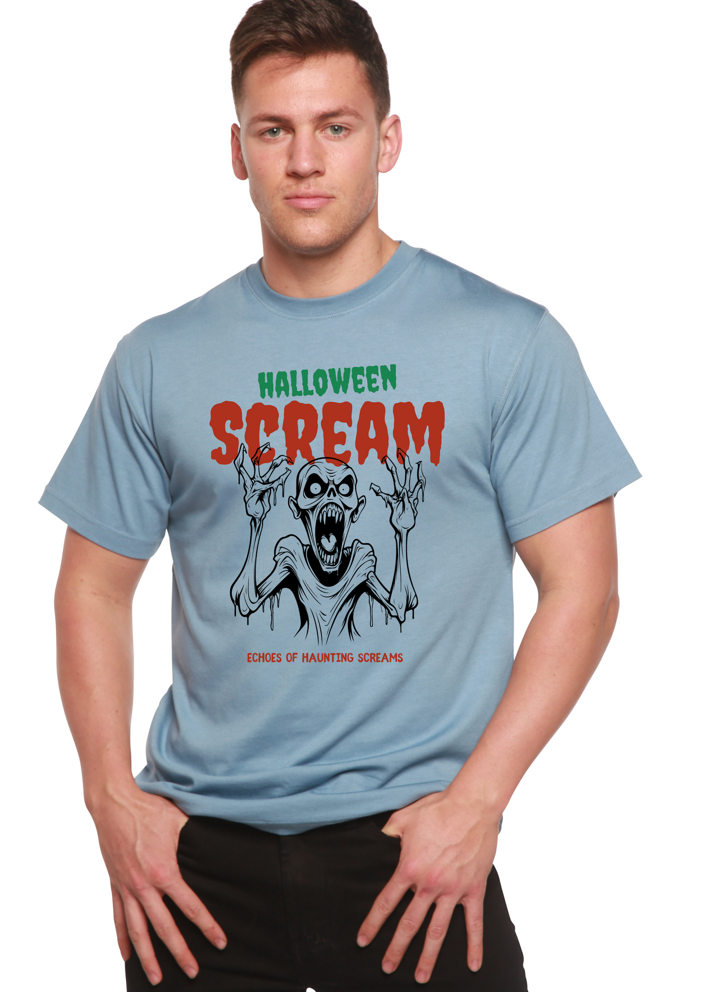 Halloween Scream men's graphic tee in blue bamboo with skull artwork by Spun Bamboo on Tampa Home & Garden Store