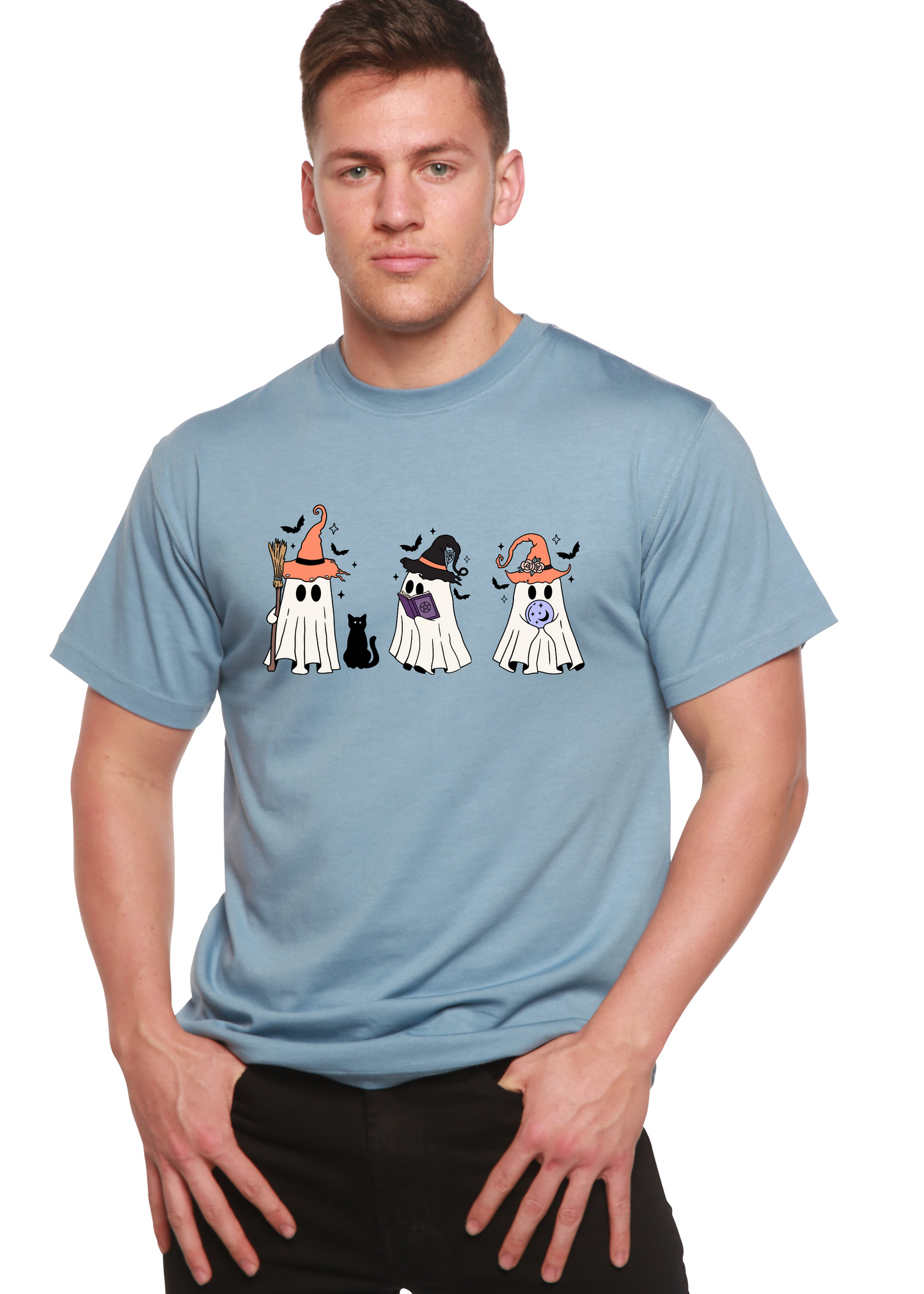 Men's Halloween Boo graphic T-shirt Spun Bamboo blue bamboo/cotton with ghost trio on Tampa Home & Garden Store