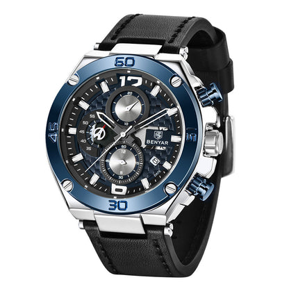 Mens luxury sport quartz chronograph watch with blue bezel and black leather strap Benyar on Tampa Home & Garden Store