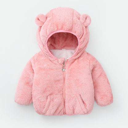 Stevvex pink fleece baby hoodie jacket with bear ears, zip-front coat for boys and girls on Tampa Home & Garden Store