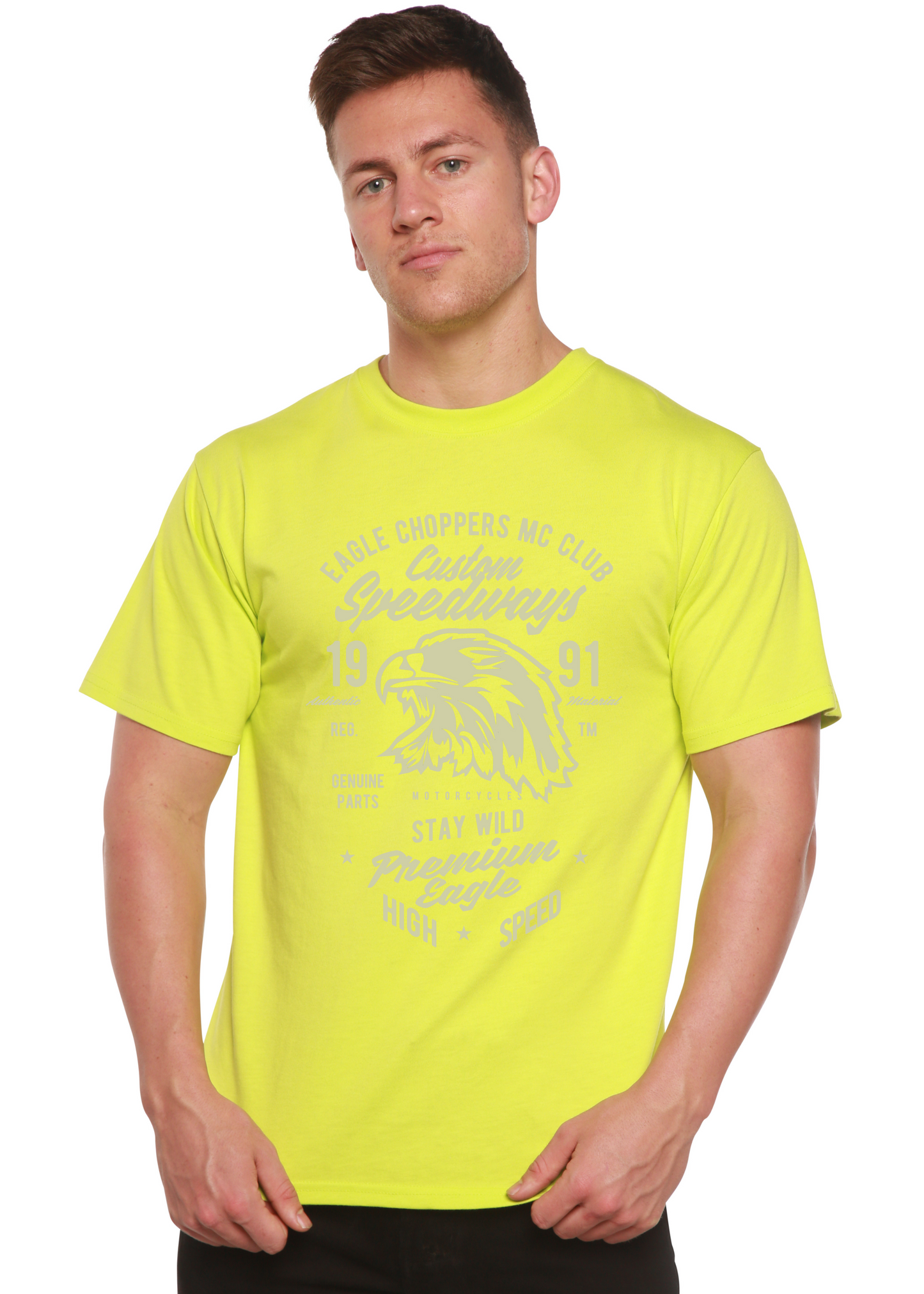 Custom Speedways Eagle men's bamboo viscose/organic cotton graphic T-shirt, neon yellow on Tampa Home & Garden Store