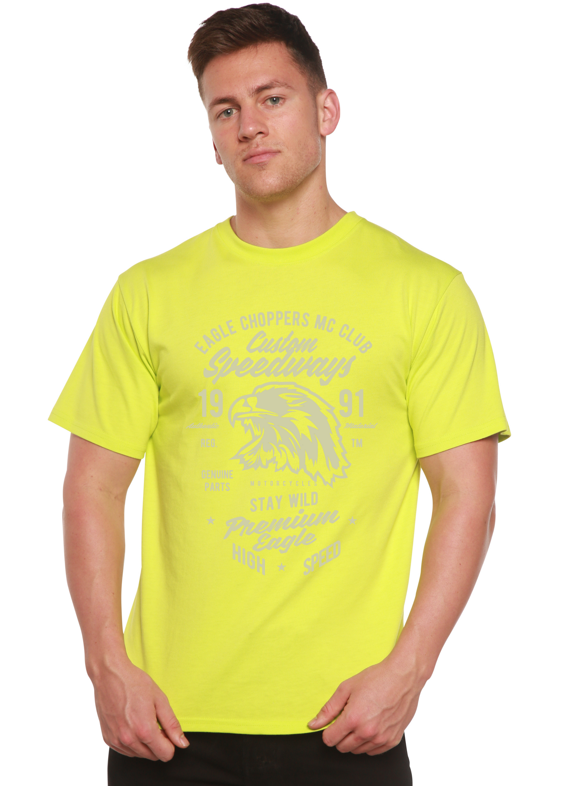 Custom Speedways Eagle men's bamboo viscose/organic cotton graphic T-shirt, neon yellow on Tampa Home & Garden Store