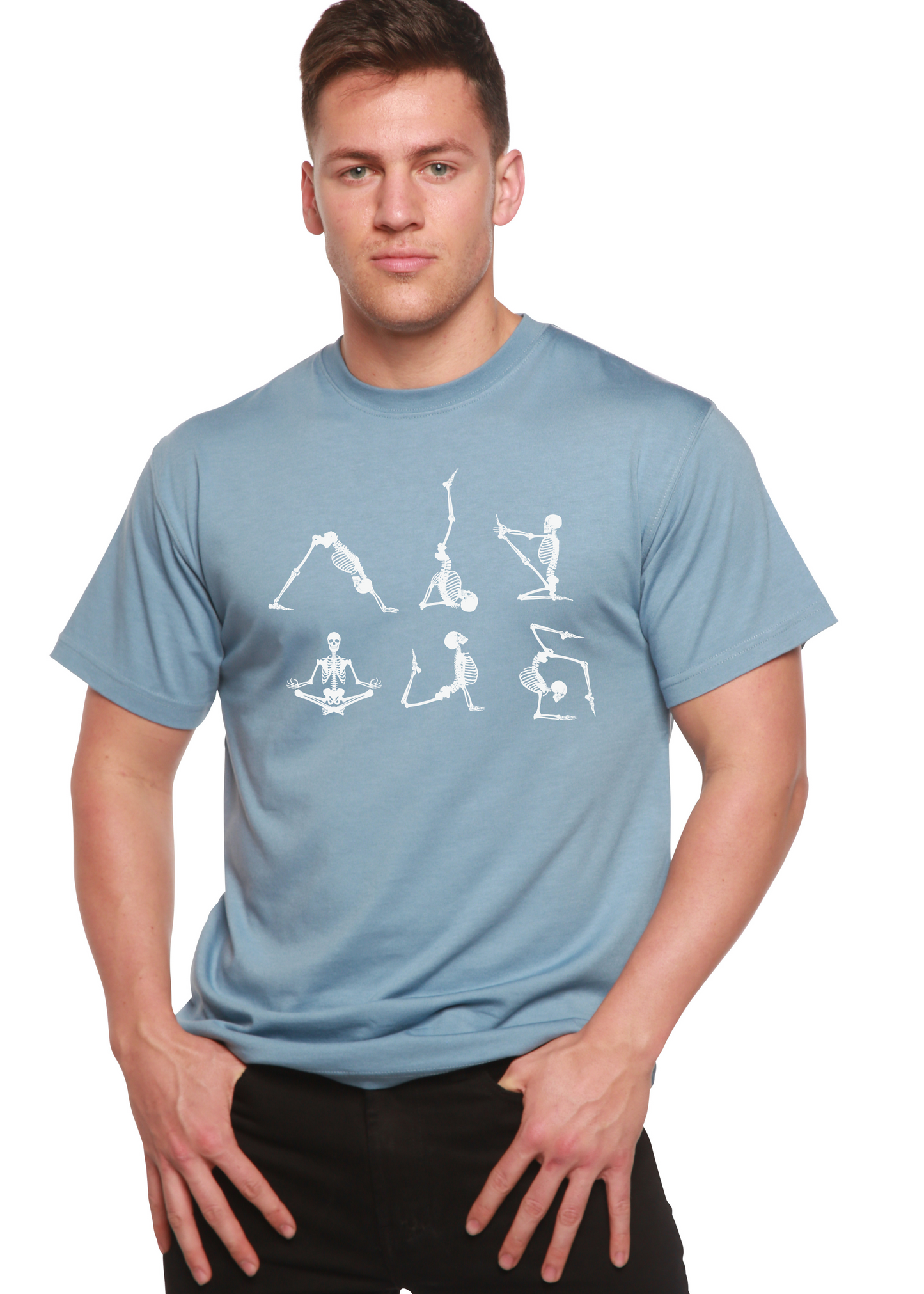 Men's blue bamboo viscose/organic cotton T-shirt with skeleton yoga graphics by Spun Bamboo on Tampa Home & Garden Store
