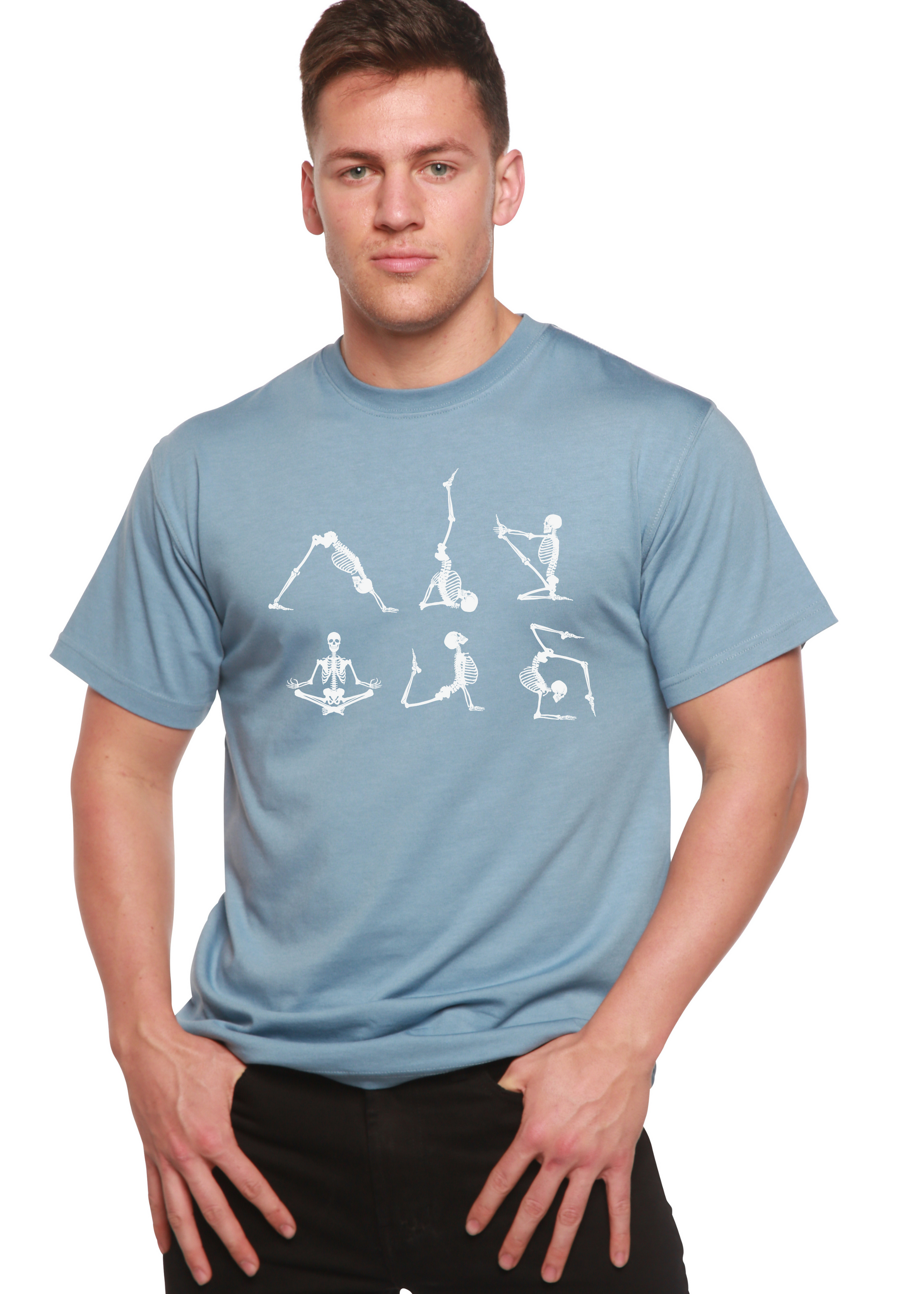Men's blue bamboo viscose/organic cotton T-shirt with skeleton yoga graphics by Spun Bamboo on Tampa Home & Garden Store