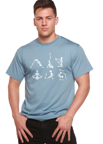 Men's blue bamboo viscose/organic cotton T-shirt with skeleton yoga graphics by Spun Bamboo on Tampa Home & Garden Store