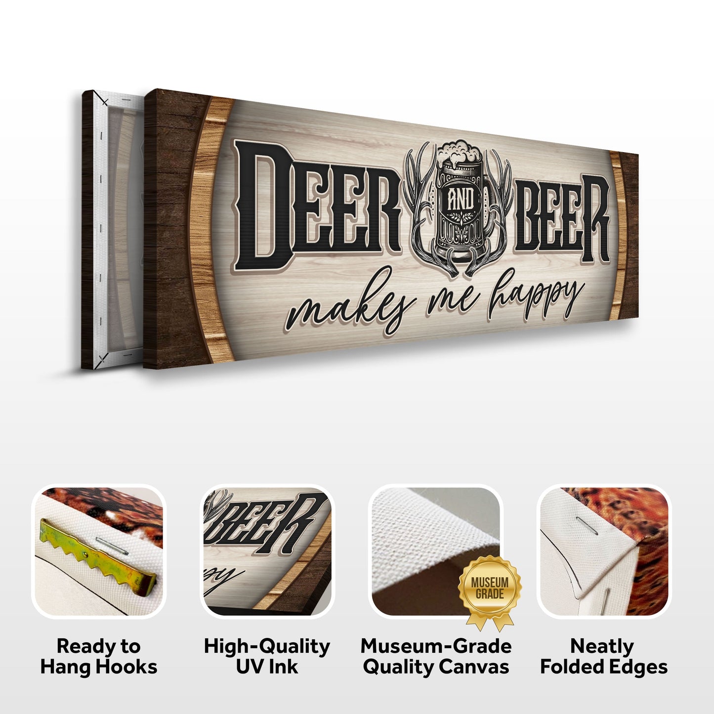 Deer And Beer Make Me Happy Hunting Sign II canvas by Tailored Canvases with rustic frame on Tampa Home & Garden Store
