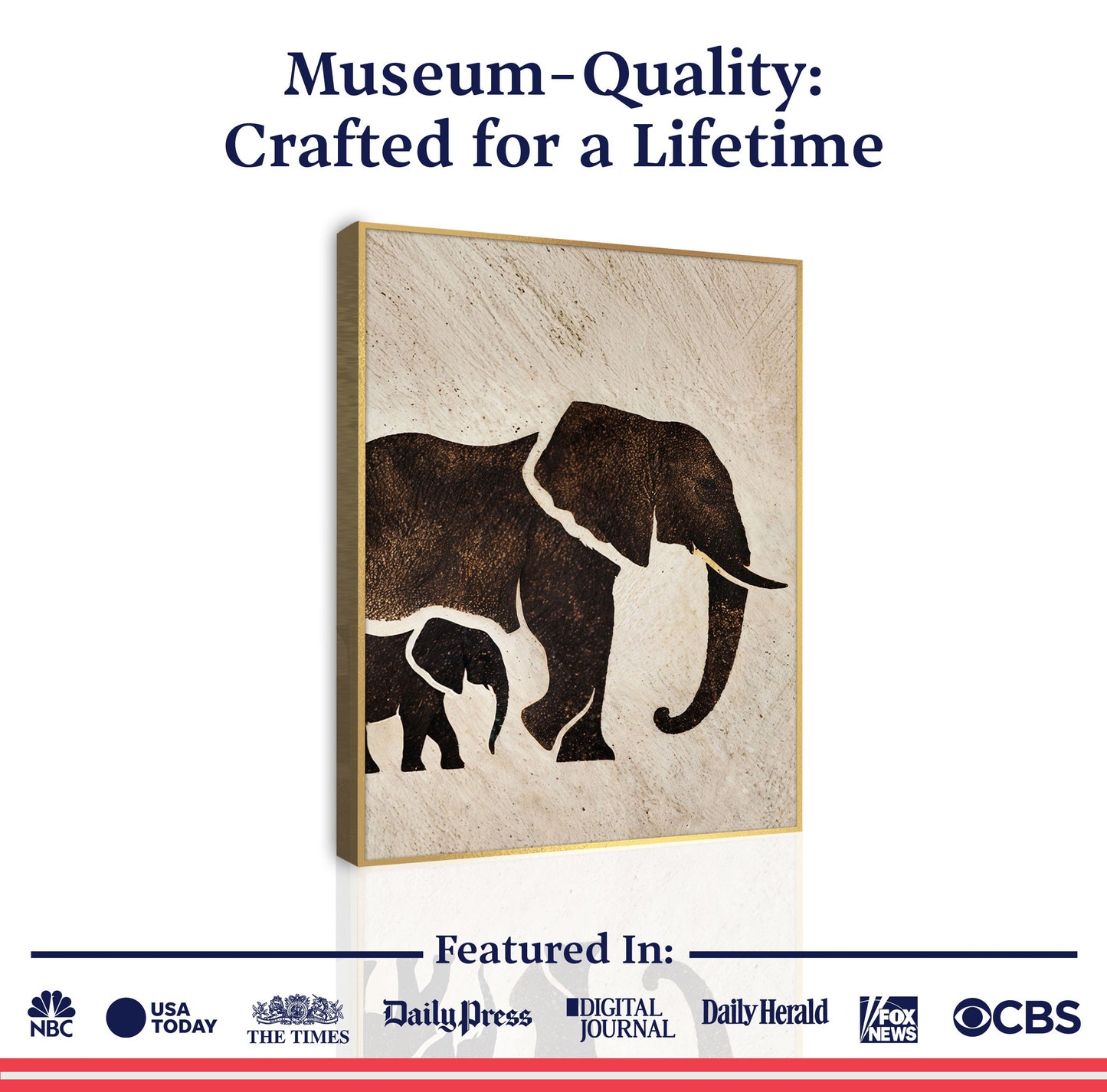 Elephant Heritage Canvas by Tailored Canvases; beige elephant silhouettes, gold frame on Tampa Home & Garden Store