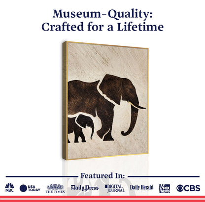 Elephant Heritage Canvas by Tailored Canvases; beige elephant silhouettes, gold frame on Tampa Home & Garden Store