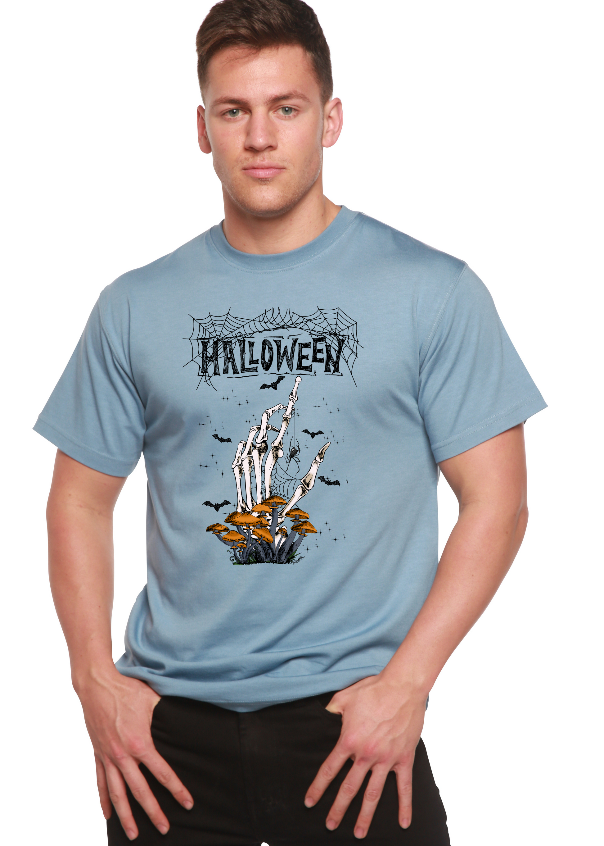 Halloween men's graphic T-shirt light blue bamboo viscose/organic cotton by Spun Bamboo on Tampa Home & Garden Store