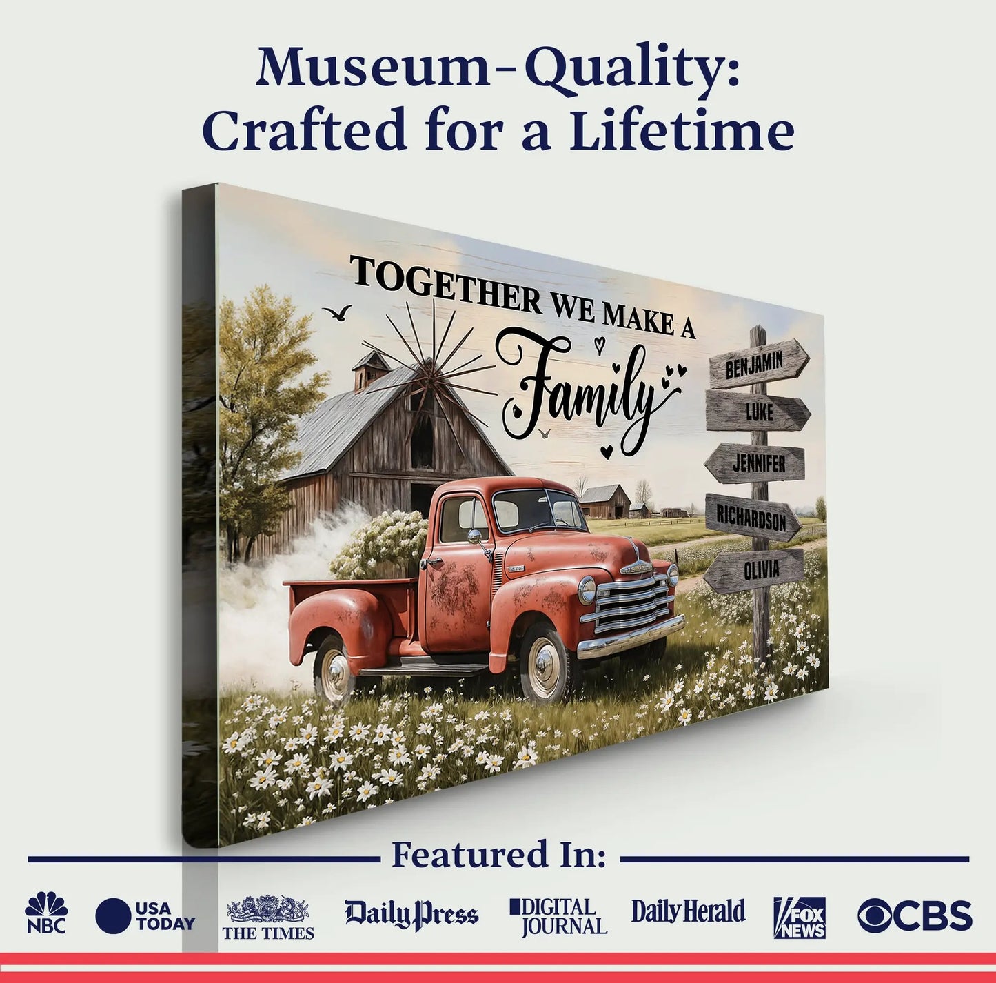 Personalized Family Farmhouse Old Truck wall art canvas, barn scene with red vintage truck on Tampa Home & Garden Store