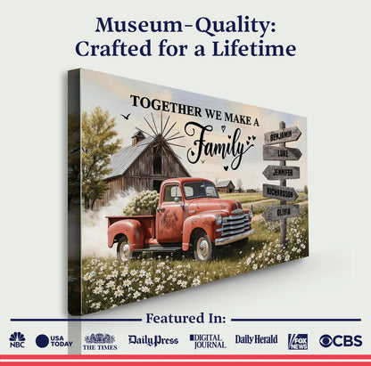 Personalized Family Farmhouse Old Truck wall art canvas, barn scene with red vintage truck on Tampa Home & Garden Store