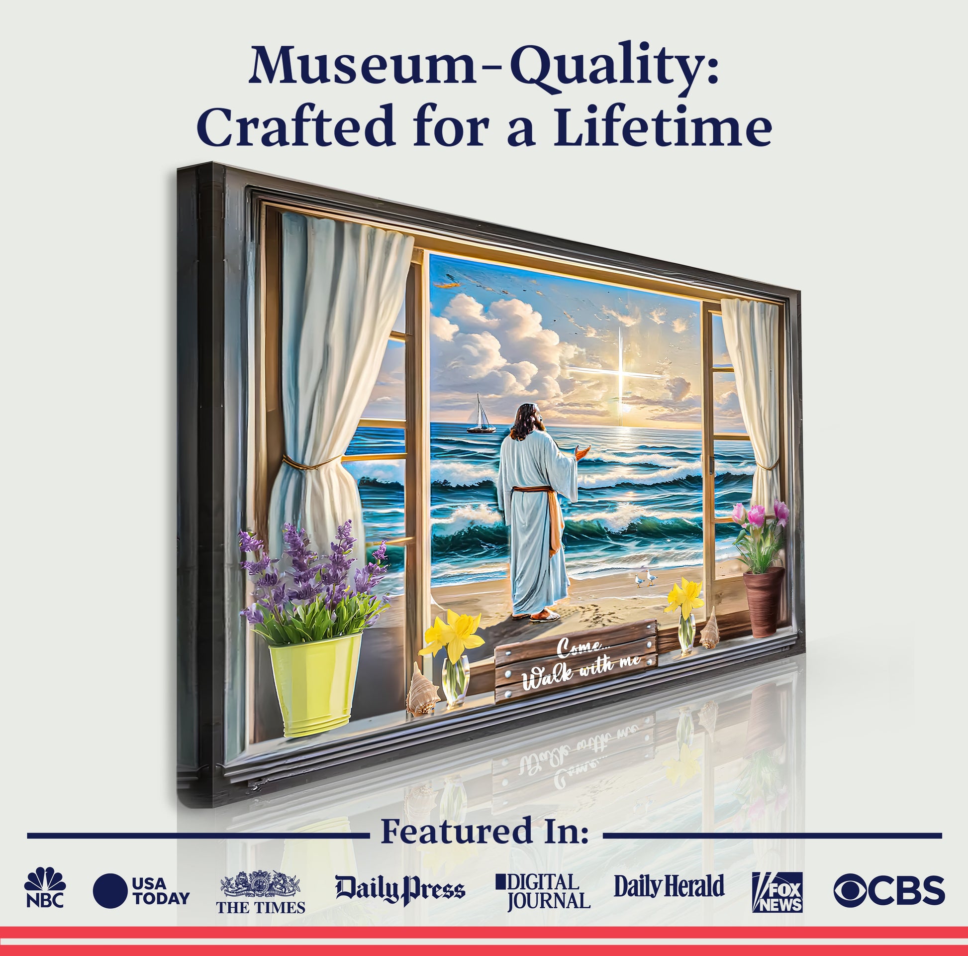 Canvas Come Walk With Me Faith Sign V by Tailored Canvases, seaside scene viewed through open window on Tampa Home & Garden Store