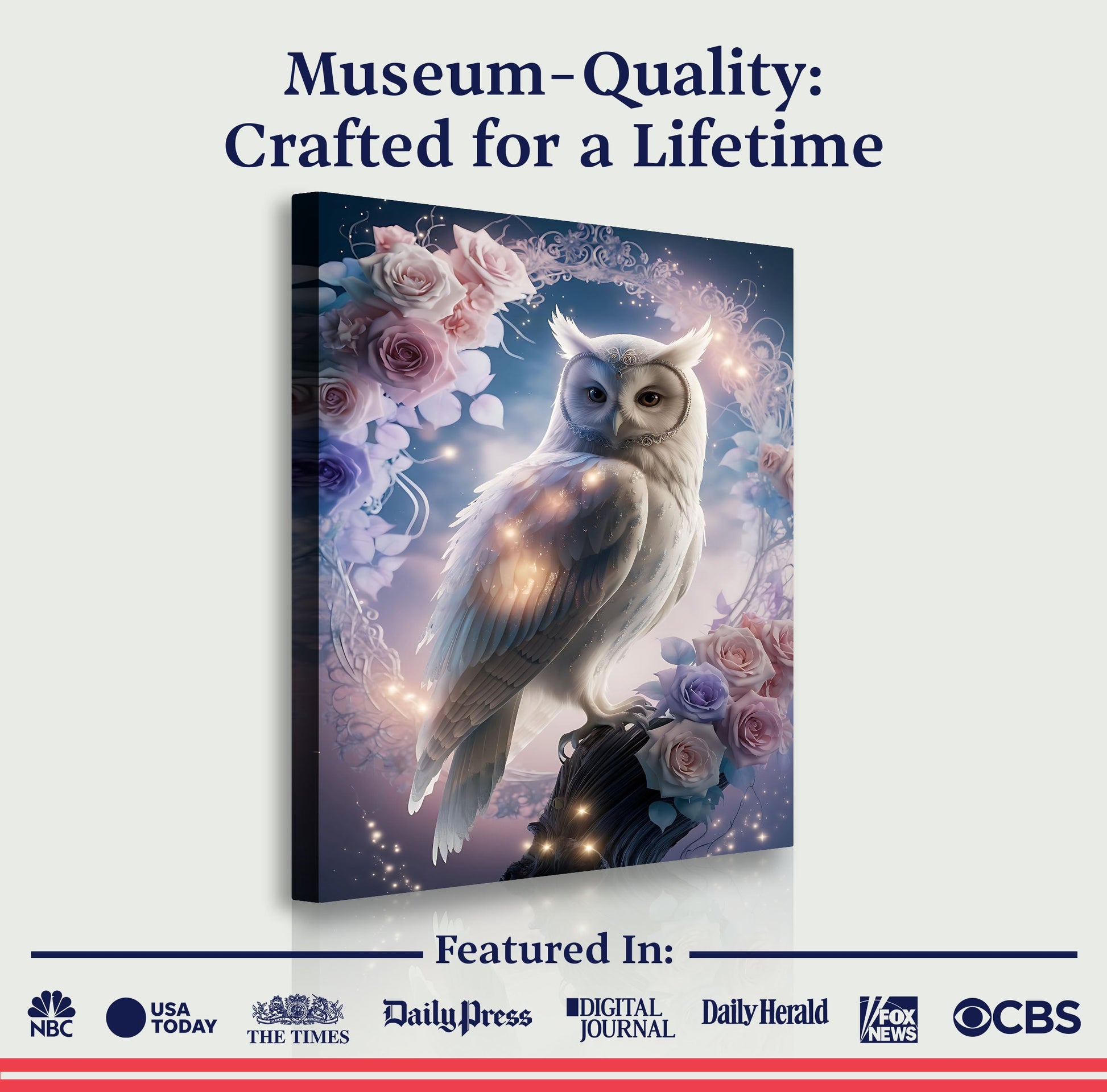 3D Owl Wall Art canvas by Tailored Canvases with a white owl among pink roses on background on Tampa Home & Garden Store