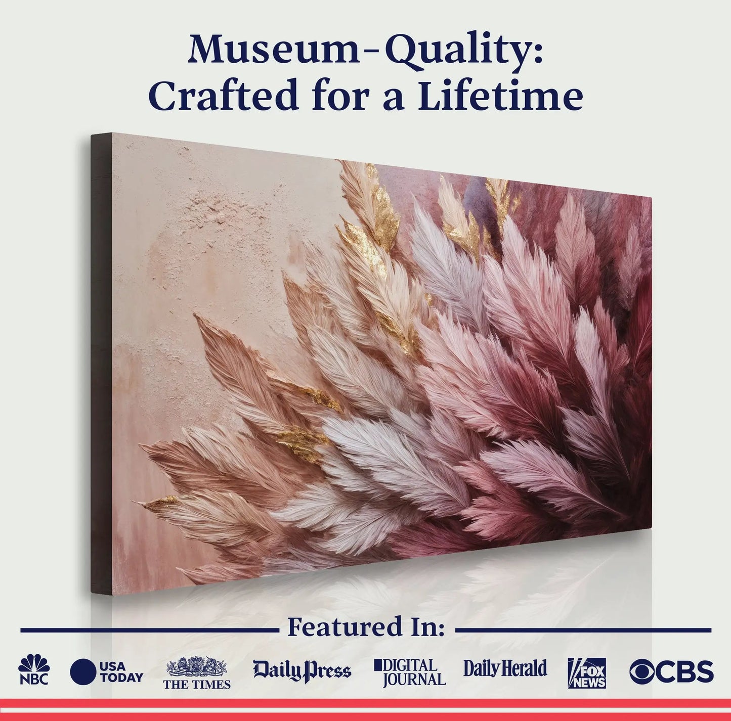 Feather Symphony Wall Art canvas with soft pink feathers and gold accents by Tailored Canvases on Tampa Home & Garden Store