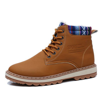 Brown leather boot for men with striped knit collar, lace-up and rugged sole on Tampa Home & Garden Store