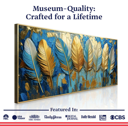 Confetti Sky Canvas by Tailored Canvases, blue and gold abstract leaf wall art on Tampa Home & Garden Store
